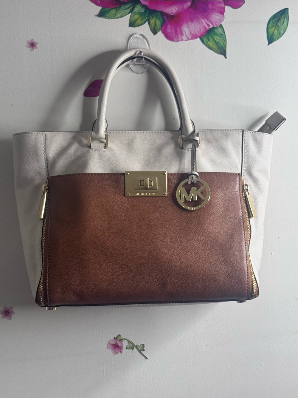 Michael Kors White & Brown Leather Satchel with Gold Hardware